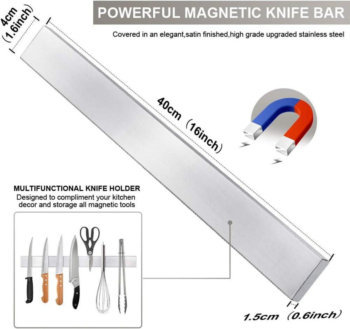 Magnethalter Edelstahl 40cm für Messer Küche Werkzeug含 Magne