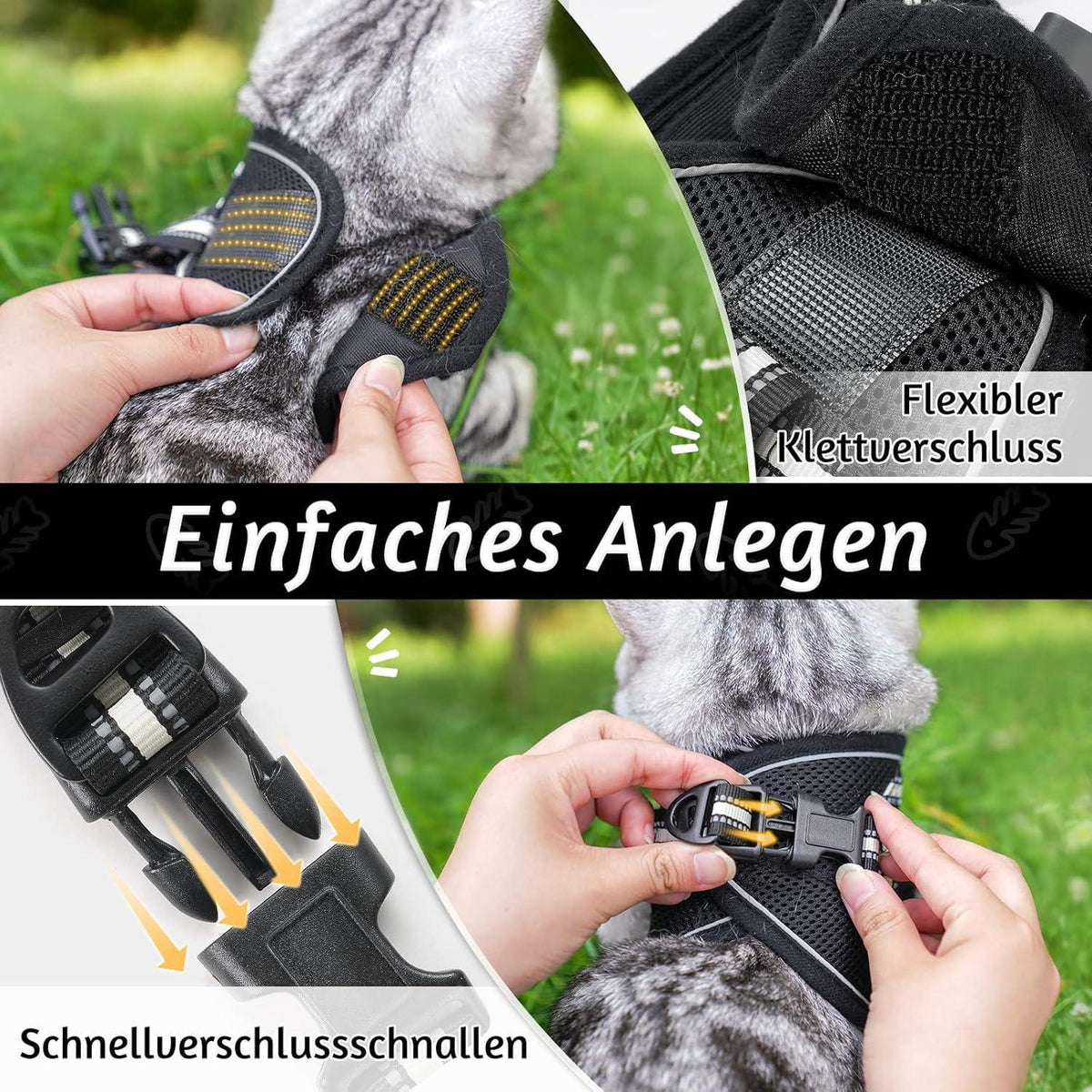 Katzengeschirr mit Leine, ausbruchsicher, verstellbar, L, Schwarz