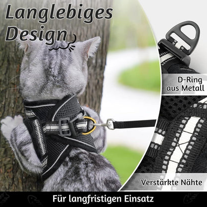Katzengeschirr mit Leine, ausbruchsicher, verstellbar, L, Schwarz
