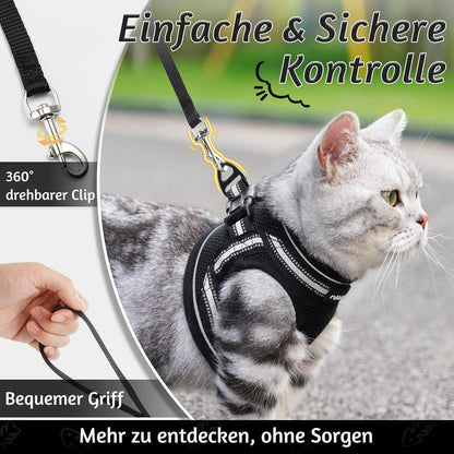 Katzengeschirr mit Leine, ausbruchsicher, verstellbar, L, Schwarz