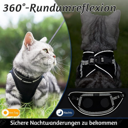 Katzengeschirr mit Leine, ausbruchsicher, verstellbar, L, Schwarz