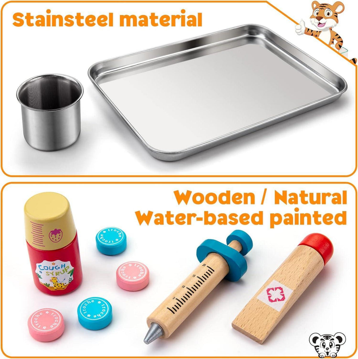 Kinder Arztkoffer Holz Spielzeug Set Stethoskop Thermometer Spritze ab 3 Jahren