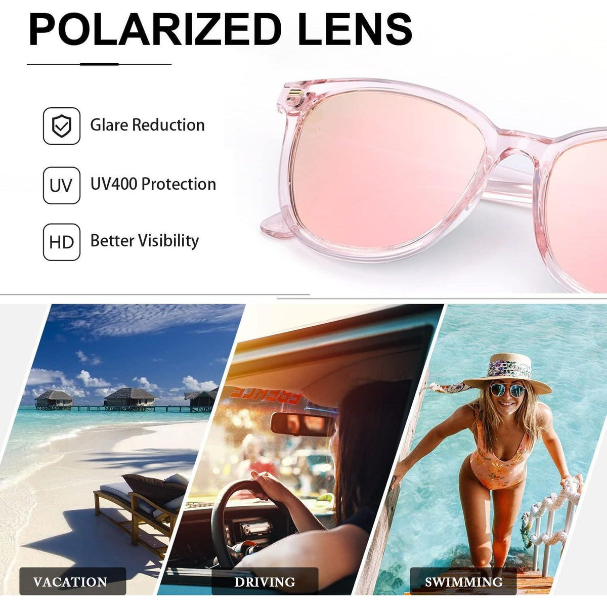 Große Damen Sonnenbrille polarisiert UV400 quadratisch Pink