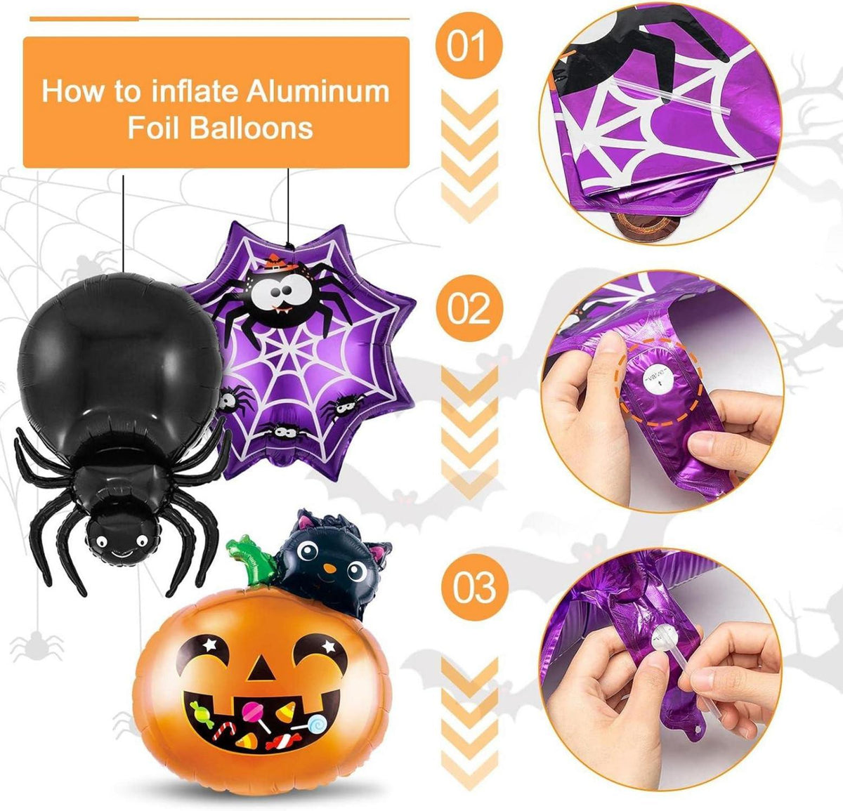 Halloween Folienballon Set Kürbis Hexe Geist Fledermaus Spinnweben 9