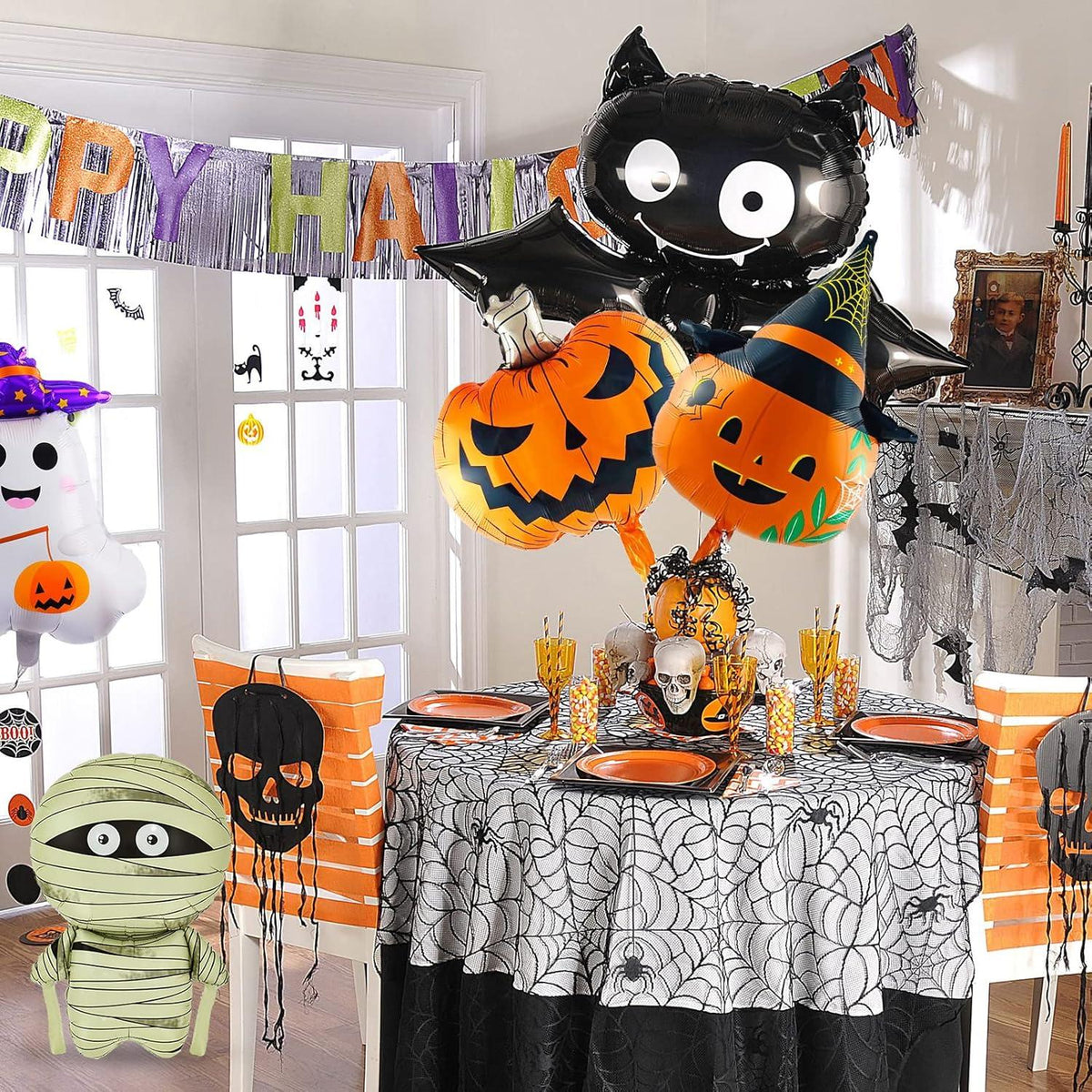Halloween Folienballon Set Kürbis Hexe Geist Fledermaus Spinnweben Luftballon 9er-Pack