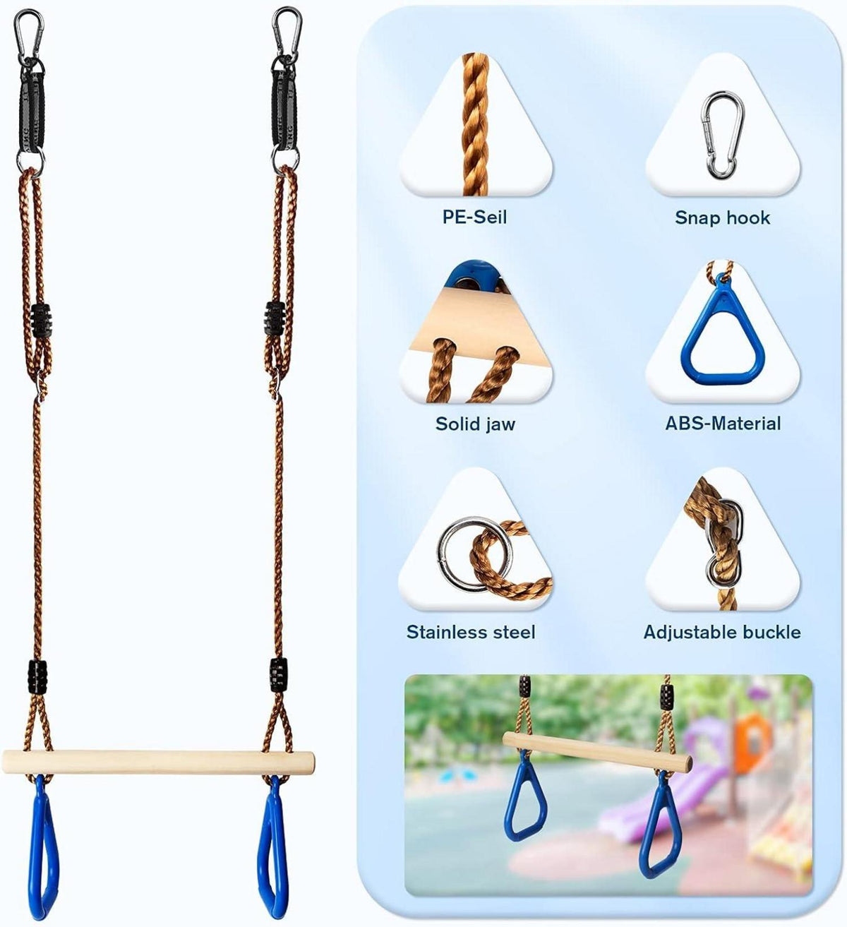Multifunktions Kinderholz Trapeze Schaukel mit Kunststoff Turnringe