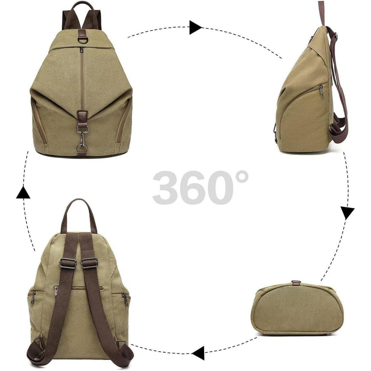 Canvas Rucksack Damen Vintage Daypack mit vielen Fächern Khaki