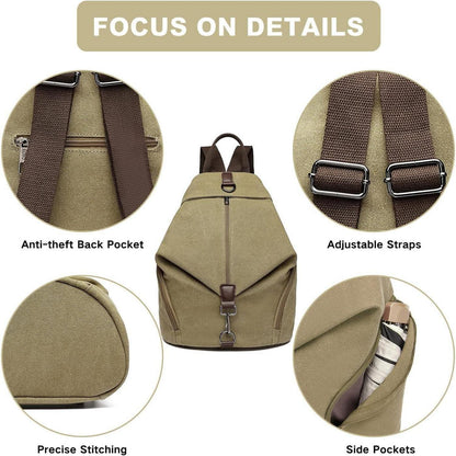 Canvas Rucksack Damen Vintage Daypack mit vielen Fächern Khaki
