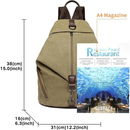 Canvas Rucksack Damen Vintage Daypack mit vielen Fächern Khaki