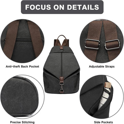 Canvas Rucksack Damen Vintage Daypack mit vielen Fächern, Schwarz
