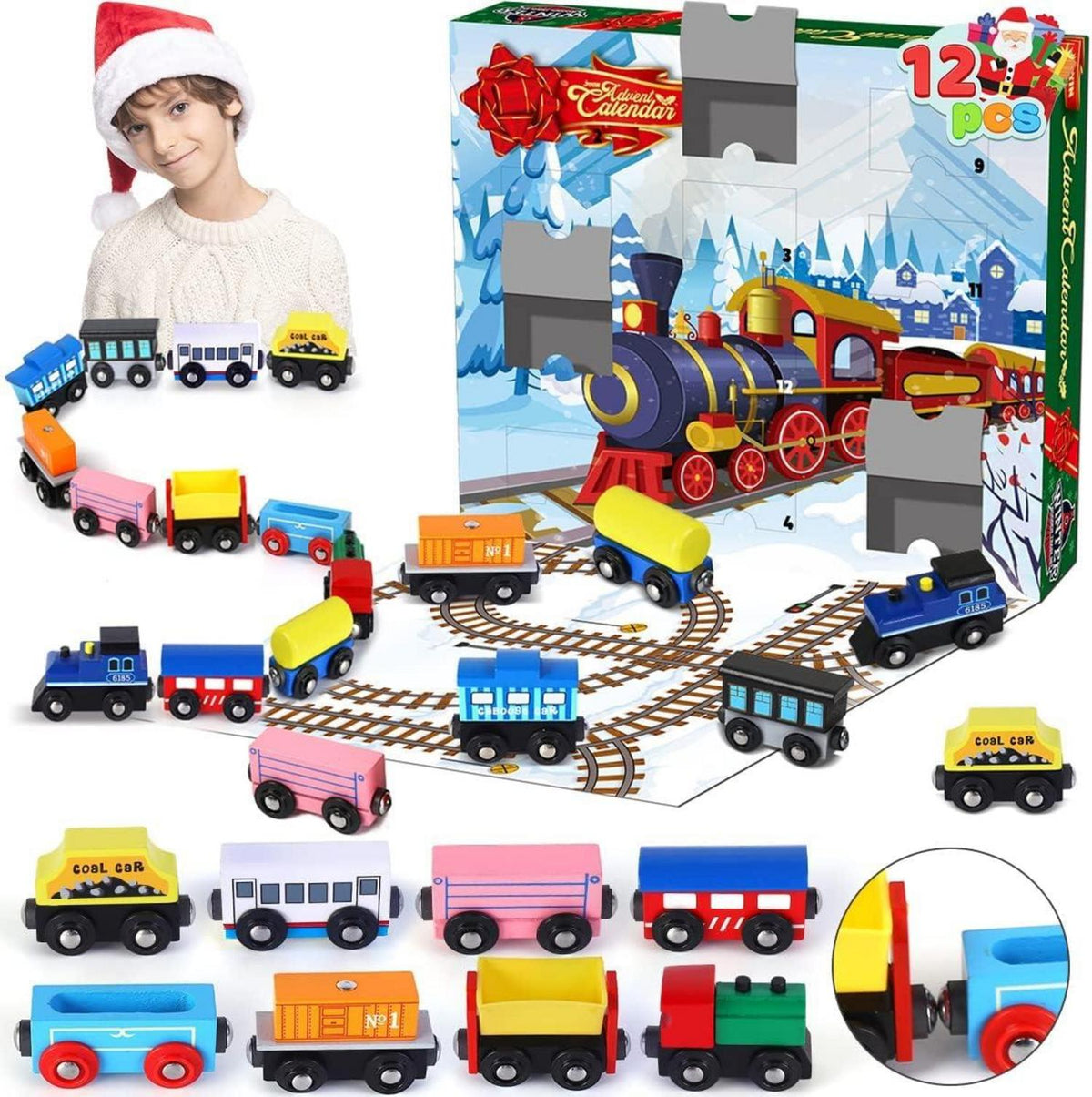 Adventskalender 12-Tage-Countdown mit hölzernen Eisenbahnwaggons