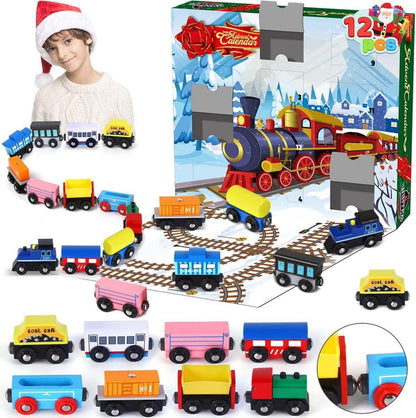 Adventskalender 12-Tage-Countdown mit hölzernen Eisenbahnwaggons