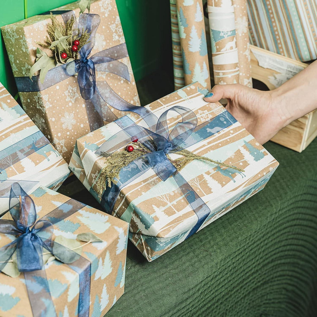 Weihnachtspapierrollen Kraftpapier 3 Rollen 43cm X 3m Blau