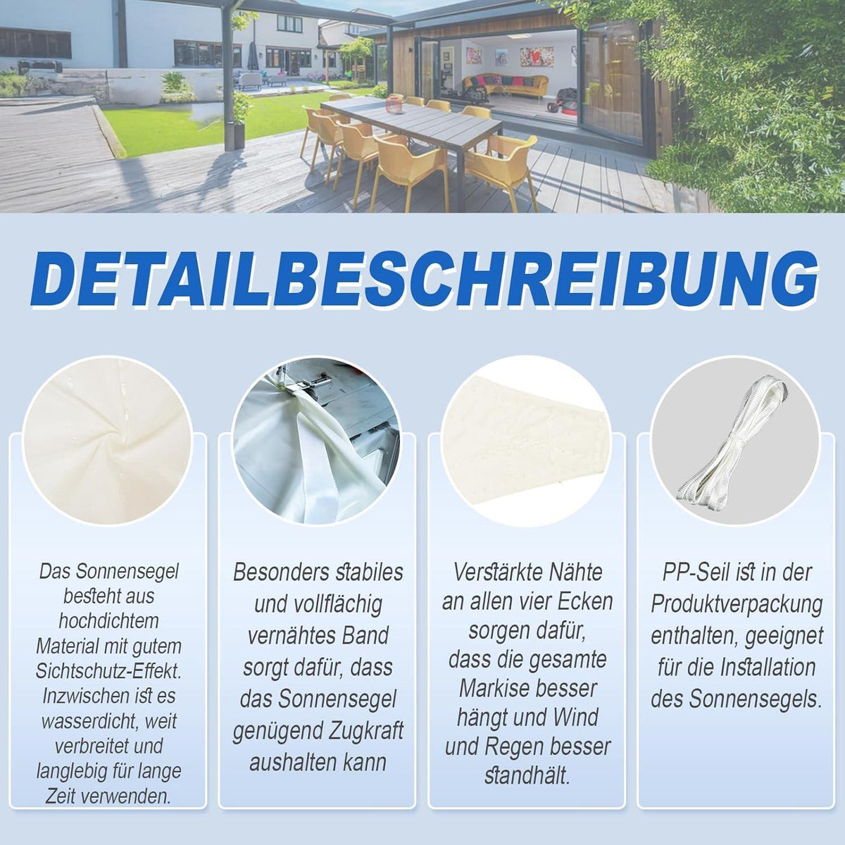 Wasserdichtes Sonnensegel 4x5m Creme mit UV-Schutz