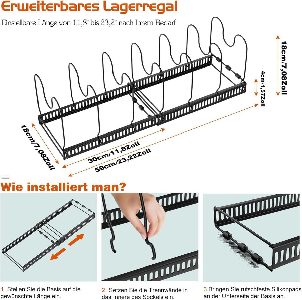 Erweiterbarer Pfannenhalter für Schublade mit 14 Trennwänden in Schwarz