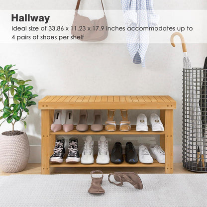 Schuhbank Bambus Schuhregal Sitzbank 3 Ablagen 86x28.5x45.5cm Natürlich
