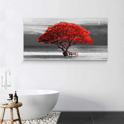 Hyidecorart Wandbild Baum Rote Natur Leinwand Moderne Wanddekoration 100x50cm