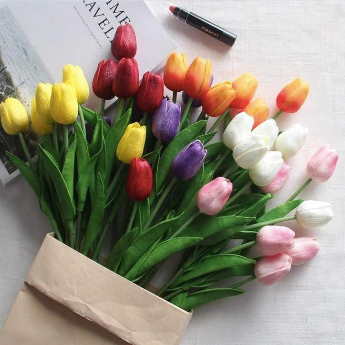 20 Stück Künstliche Tulpen Hochzeitssträuße Blumen PU Herzstück Rot