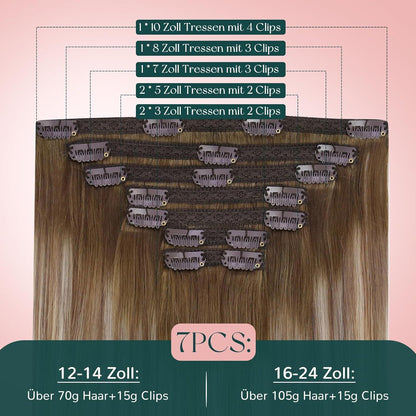 Clip-In Haarverlängerung Echthaar Ombre Braun 30cm