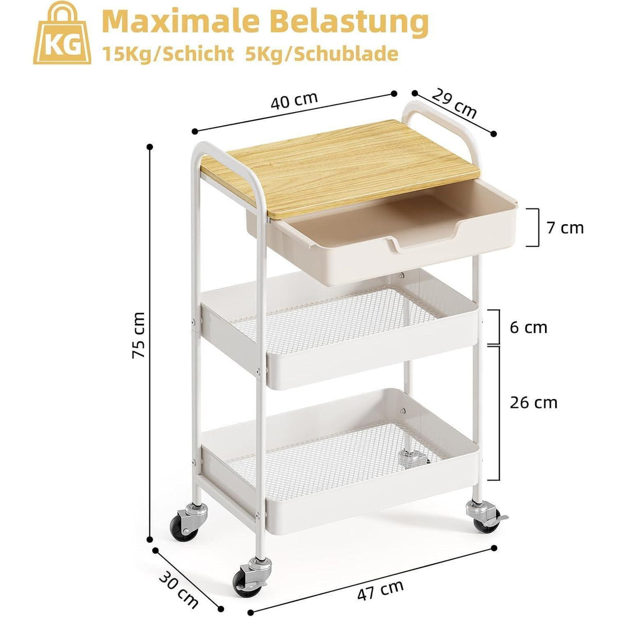 3-Ebenen Rollwagen mit Tischplatte – Creme
