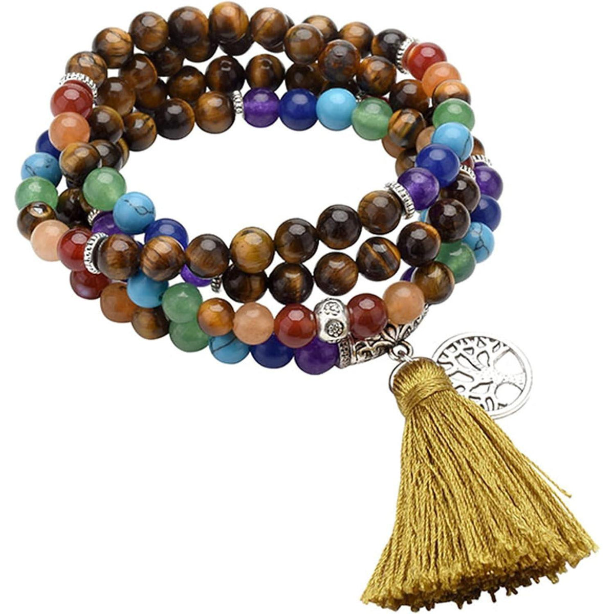 Mala Kette 7 Chakra Edelstein mit Lebensbaum Anhänger Tigerauge