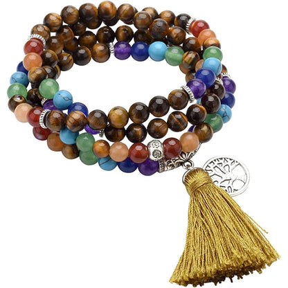 Mala Kette 7 Chakra Edelstein mit Lebensbaum Anhänger Tigerauge