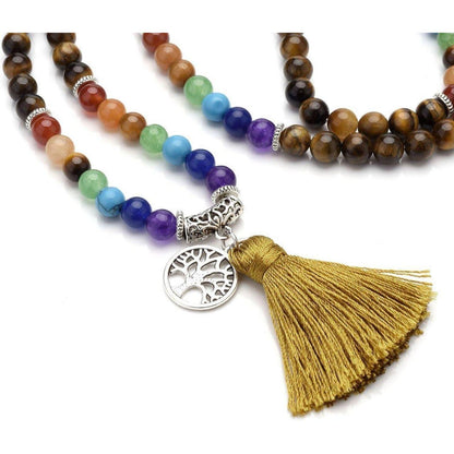 Mala Kette 7 Chakra Edelstein mit Lebensbaum Anhänger Tigerauge