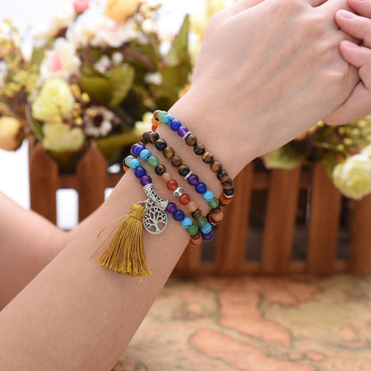 Mala Kette 7 Chakra Edelstein mit Lebensbaum Anhänger Tigerauge