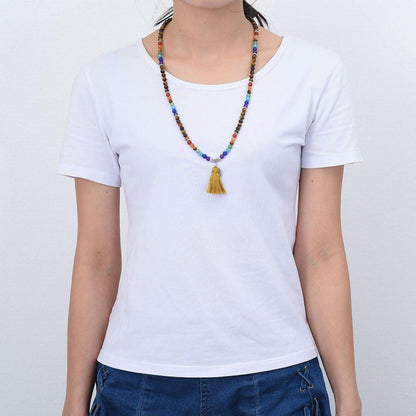 Mala Kette 7 Chakra Edelstein mit Lebensbaum Anhänger Tigerauge