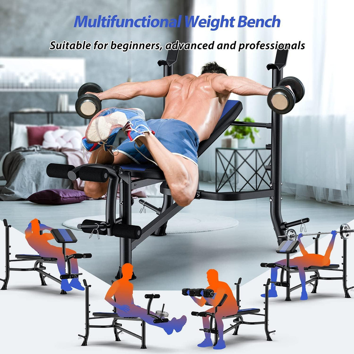 Verstellbare Hantelbank mit Beinstrecker und Preacher Curl
