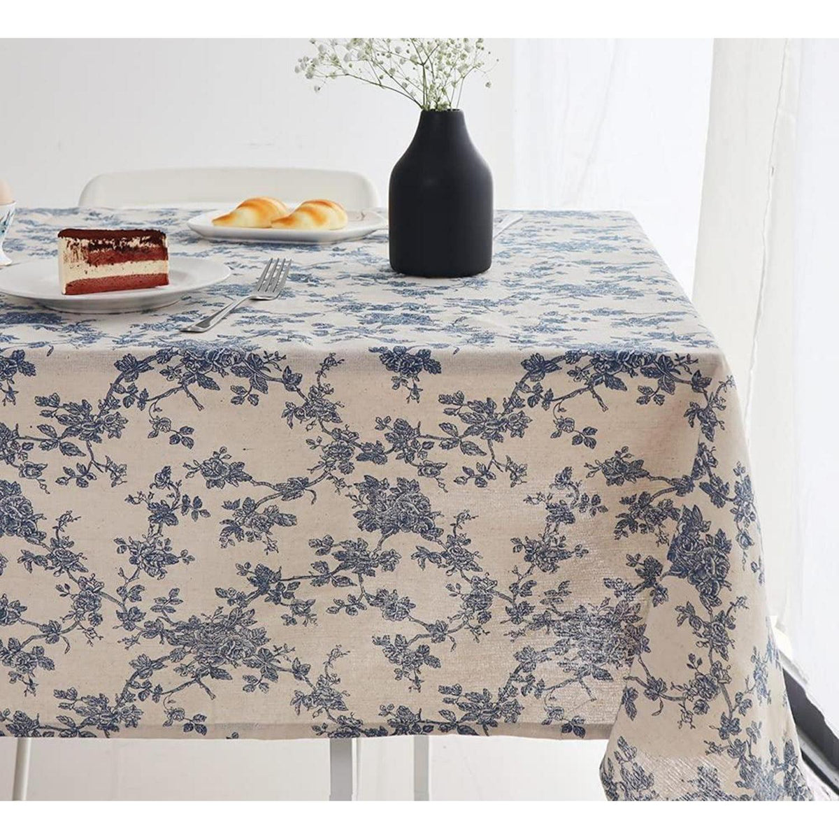 Blaue Baumwoll-Leinen Tischdecke 140x140 cm – Blumenmuster