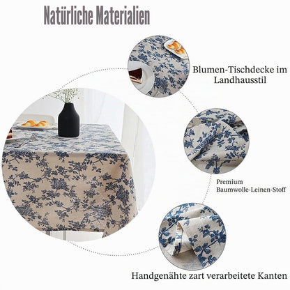 Blaue Baumwoll-Leinen Tischdecke 140x140 cm – Blumenmuster