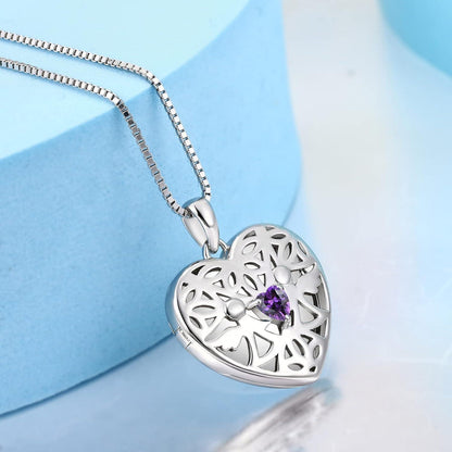 Herz Foto Medaillon Anhänger Kette 925 Silber Amethyst Zirkonia