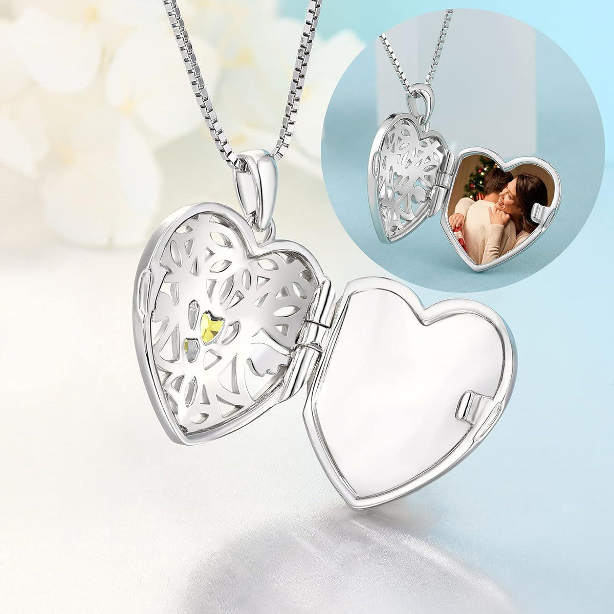Herz Foto Medaillon Anhänger Halskette mit Schutzengel - 925 Sterling Silber - Zirkonia - Geschenke Frauen Mädchen