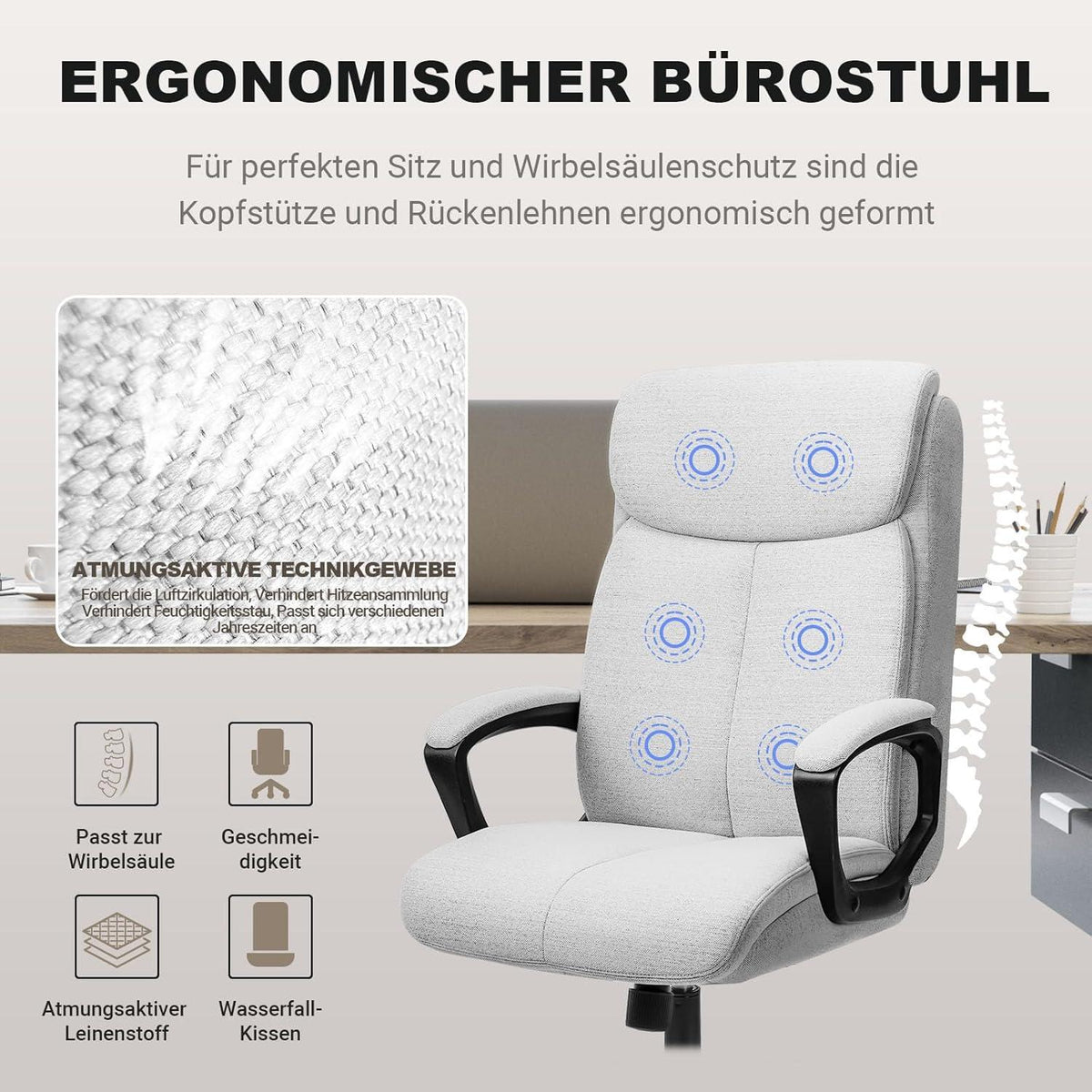 Ergonomischer Bürostuhl Schreibtischstuhl Stoff Chefsessel Grau