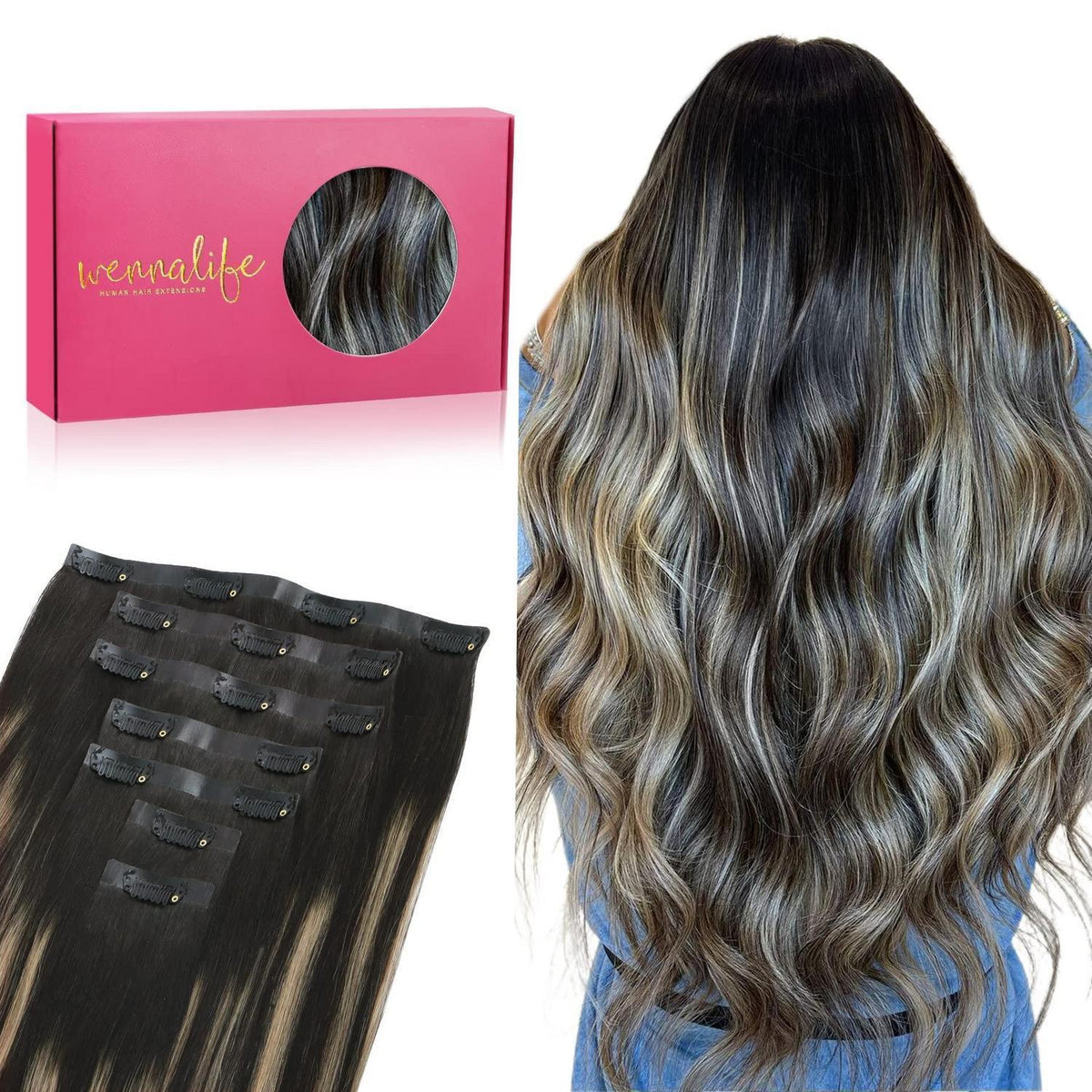 Echthaar Clip-In Extensions Balayage Schwarz-Blond 50cm