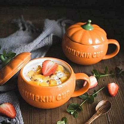 Kürbis Kaffeetasse mit Deckel & Löffel - 250ml Keramikbecher