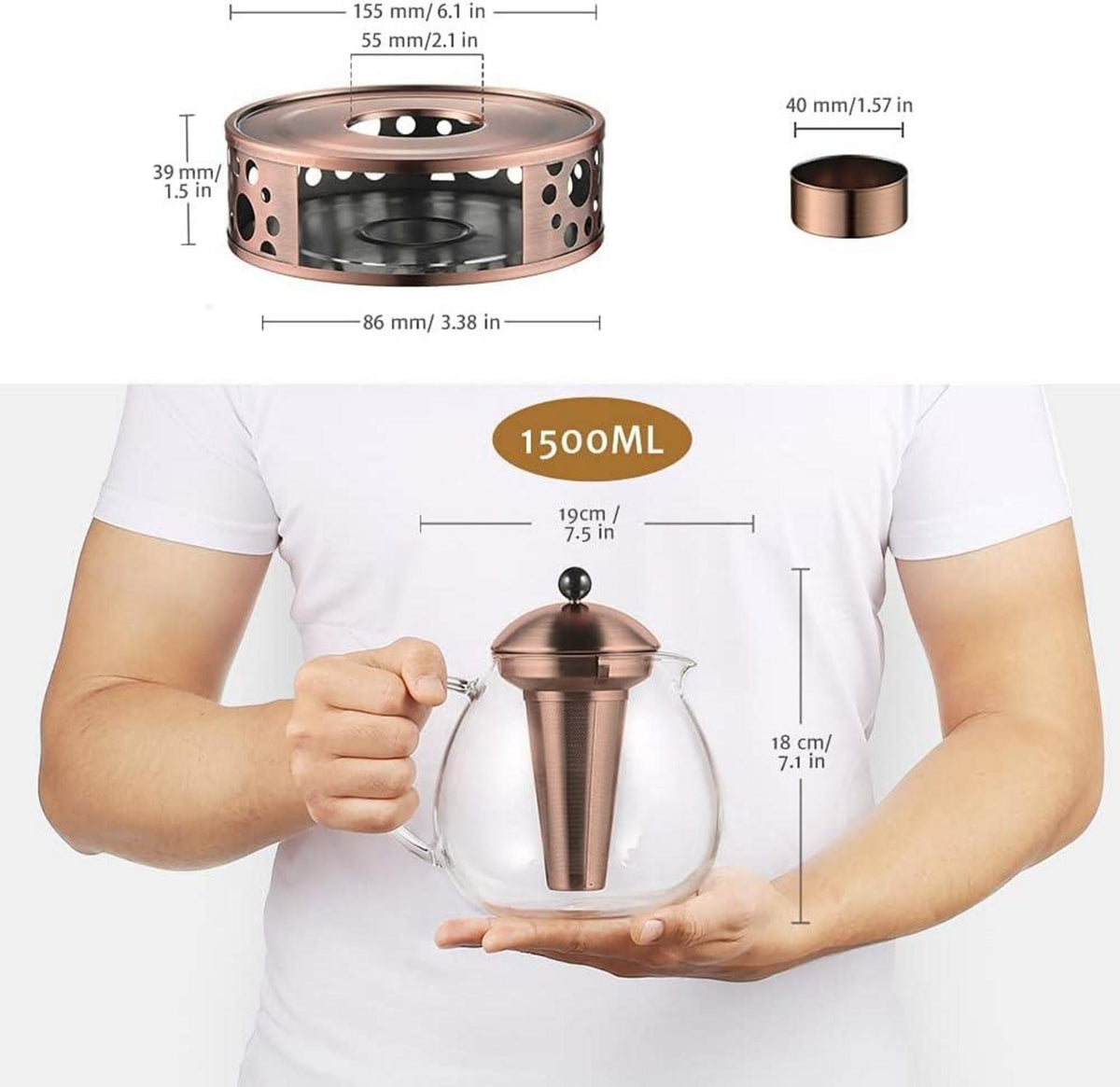 1500ml Bronze Teekanne mit Stövchen und Edelstahl Teewärmer