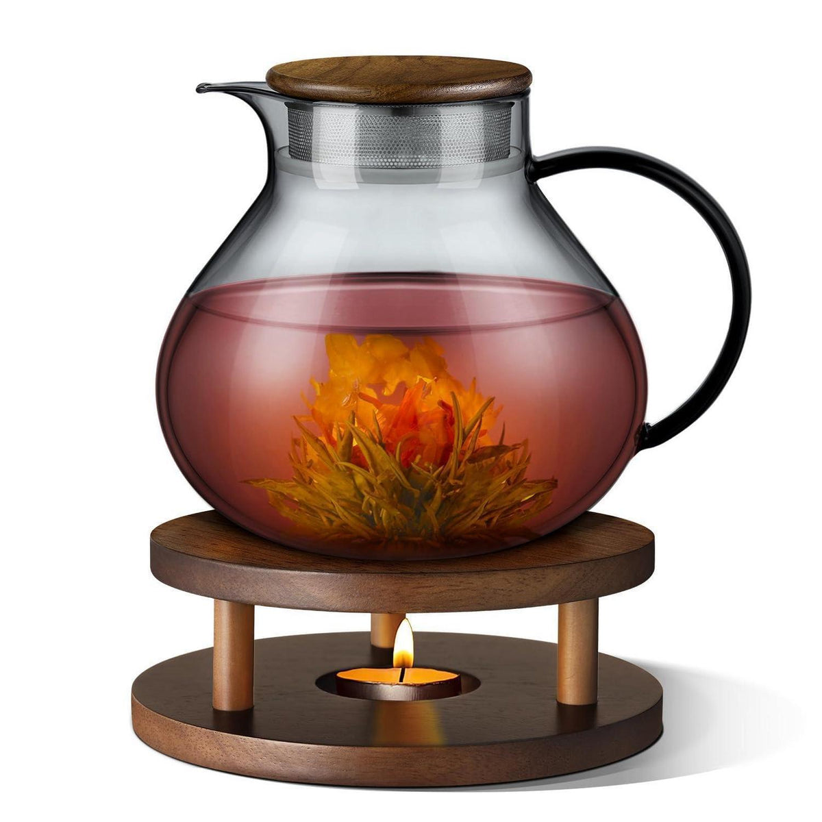 Teekanne Glas mit Stövchen Holz 1400ml - 2in1 Teesieb