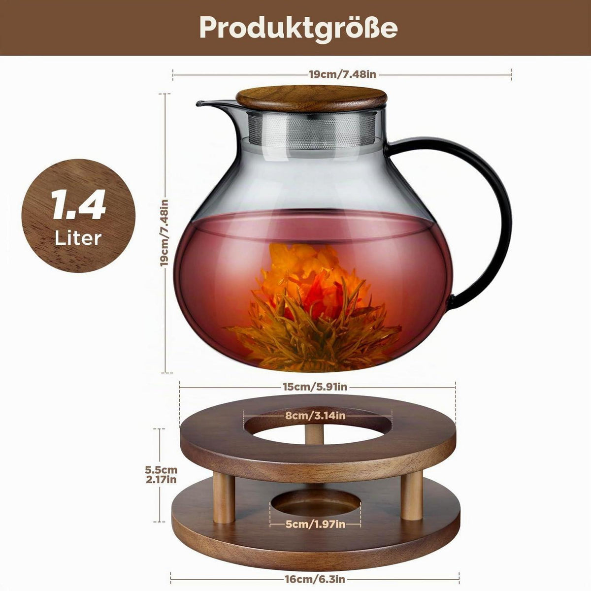 Teekanne Glas mit Stövchen Holz 1400ml - 2in1 Teesieb