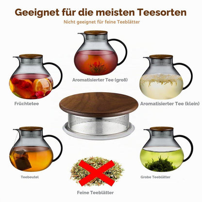 Teekanne Glas mit Stövchen Holz 1400ml - 2in1 Teesieb