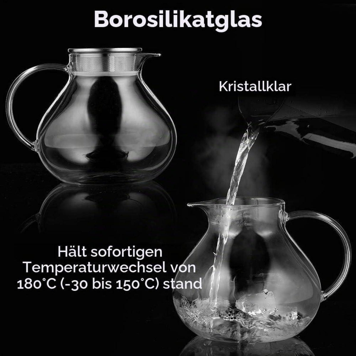 Teekanne Glas mit Stövchen Holz 1400ml - 2in1 Teesieb