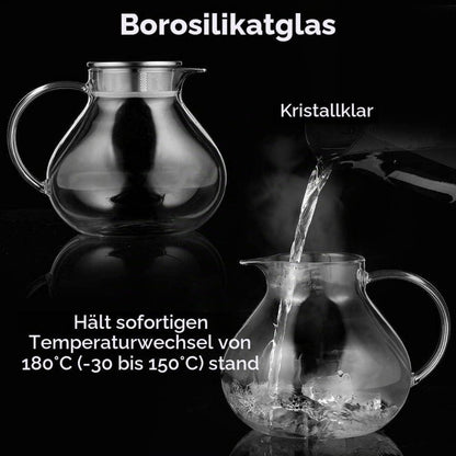 Teekanne Glas mit Stövchen Holz 1400ml - 2in1 Teesieb