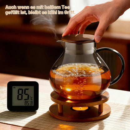 Teekanne Glas mit Stövchen Holz 1400ml - 2in1 Teesieb