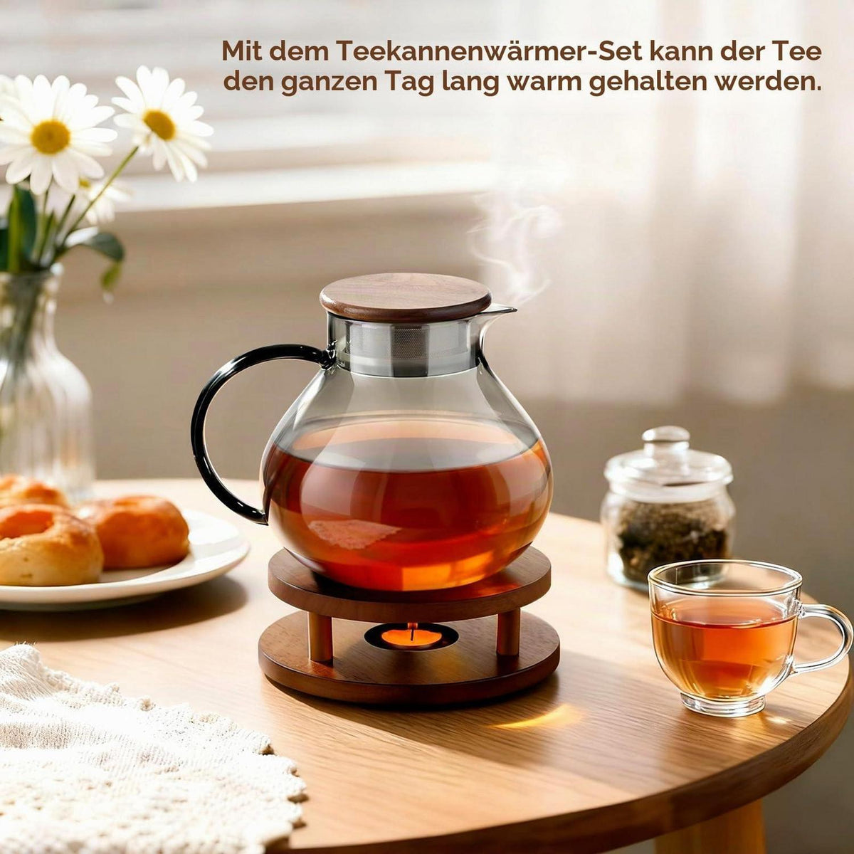 Teekanne Glas mit Stövchen Holz 1400ml - 2in1 Teesieb