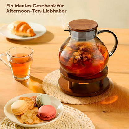 Teekanne Glas mit Stövchen Holz 1400ml - 2in1 Teesieb