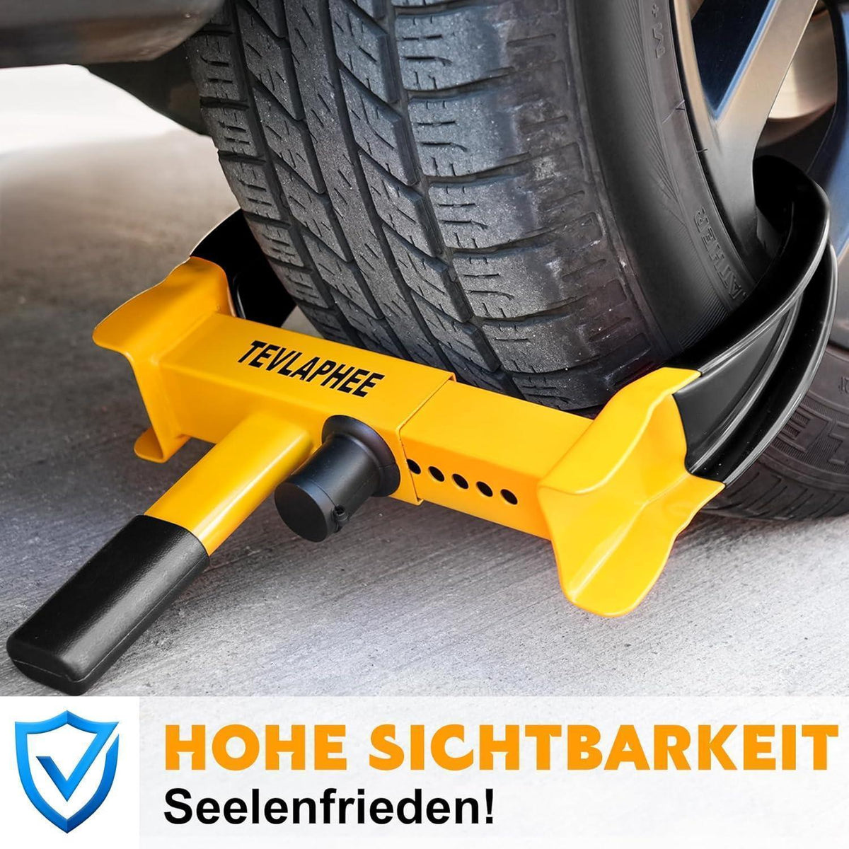 Radkralle mit Sicherheitsschloss für PKW, Wohnwagen, Anhänger (Schwarz/Gelb)