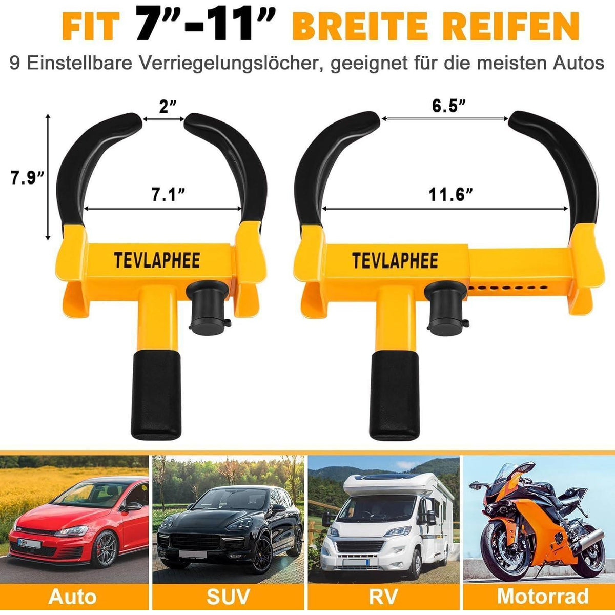 Radkralle mit Sicherheitsschloss für PKW, Wohnwagen, Anhänger (Schwarz/Gelb)