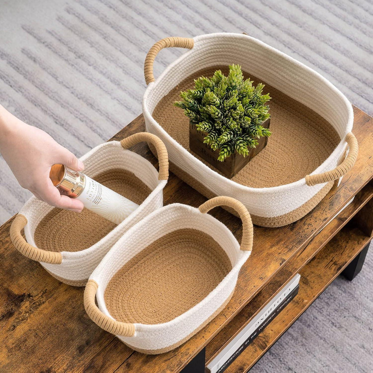 3er Set Baumwollseil Aufbewahrungskörbe Griff Badezimmer Kinderzimmer Braun