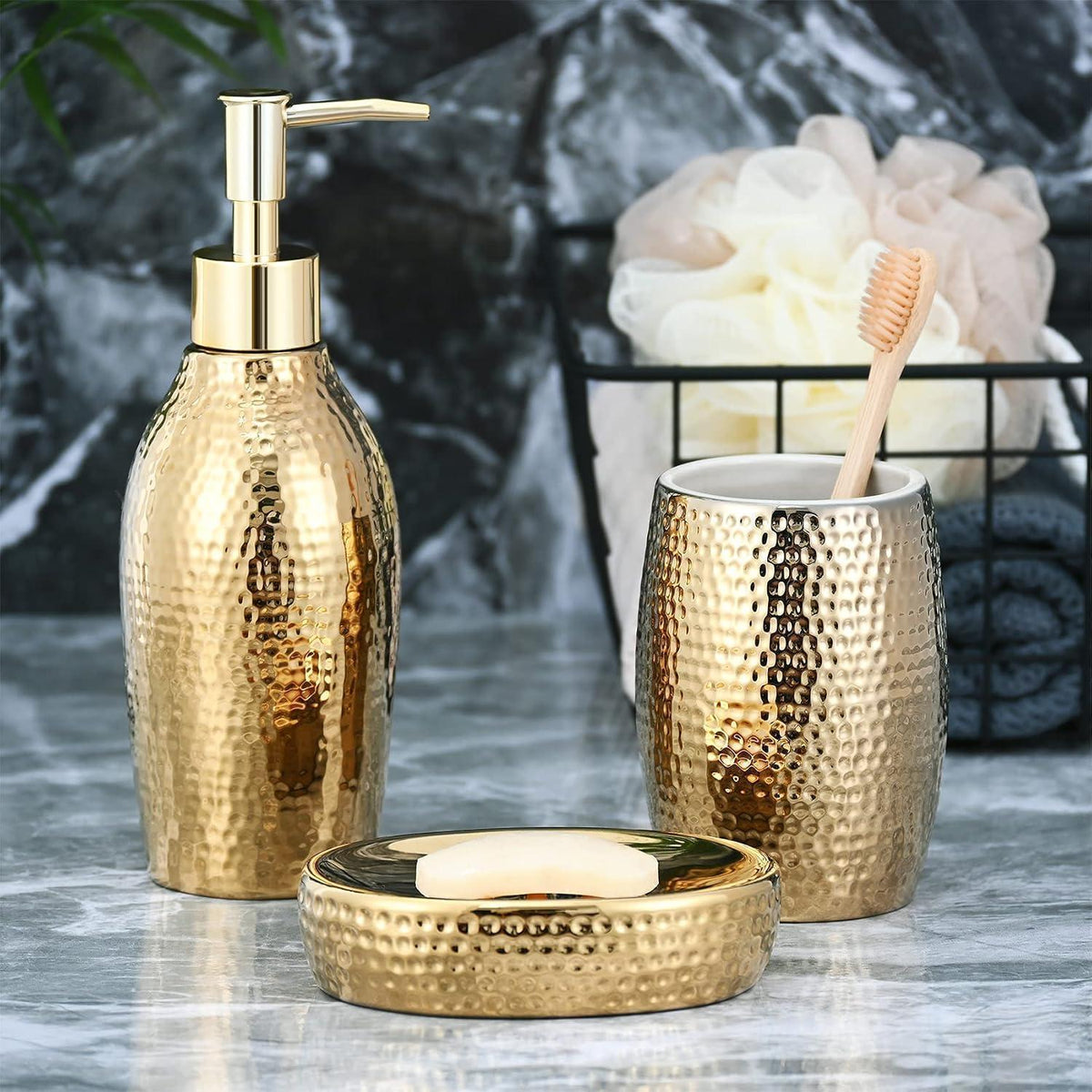 Goldfarbenes Seifenspender Set 3-tlg. – Keramik Badaccessoires